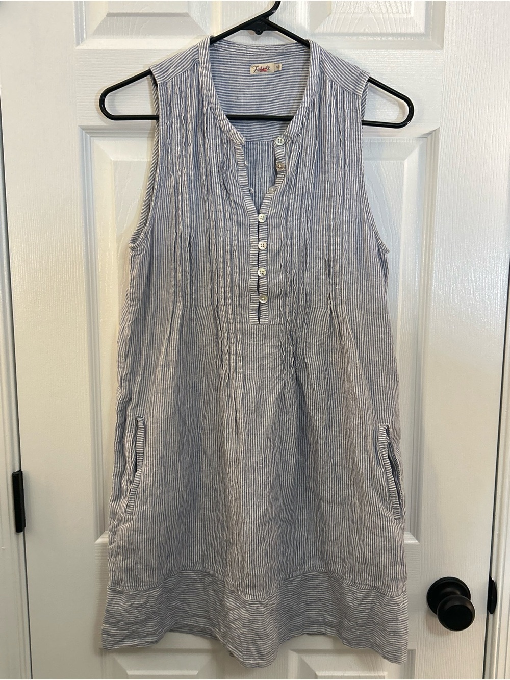 Faherty Isha Blue & White Striped 100% Linen Sleeveless Shift Dress - Size S